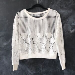 Lush White Boho Floral Crochet Lace Long Sleeve Blouse Size Small